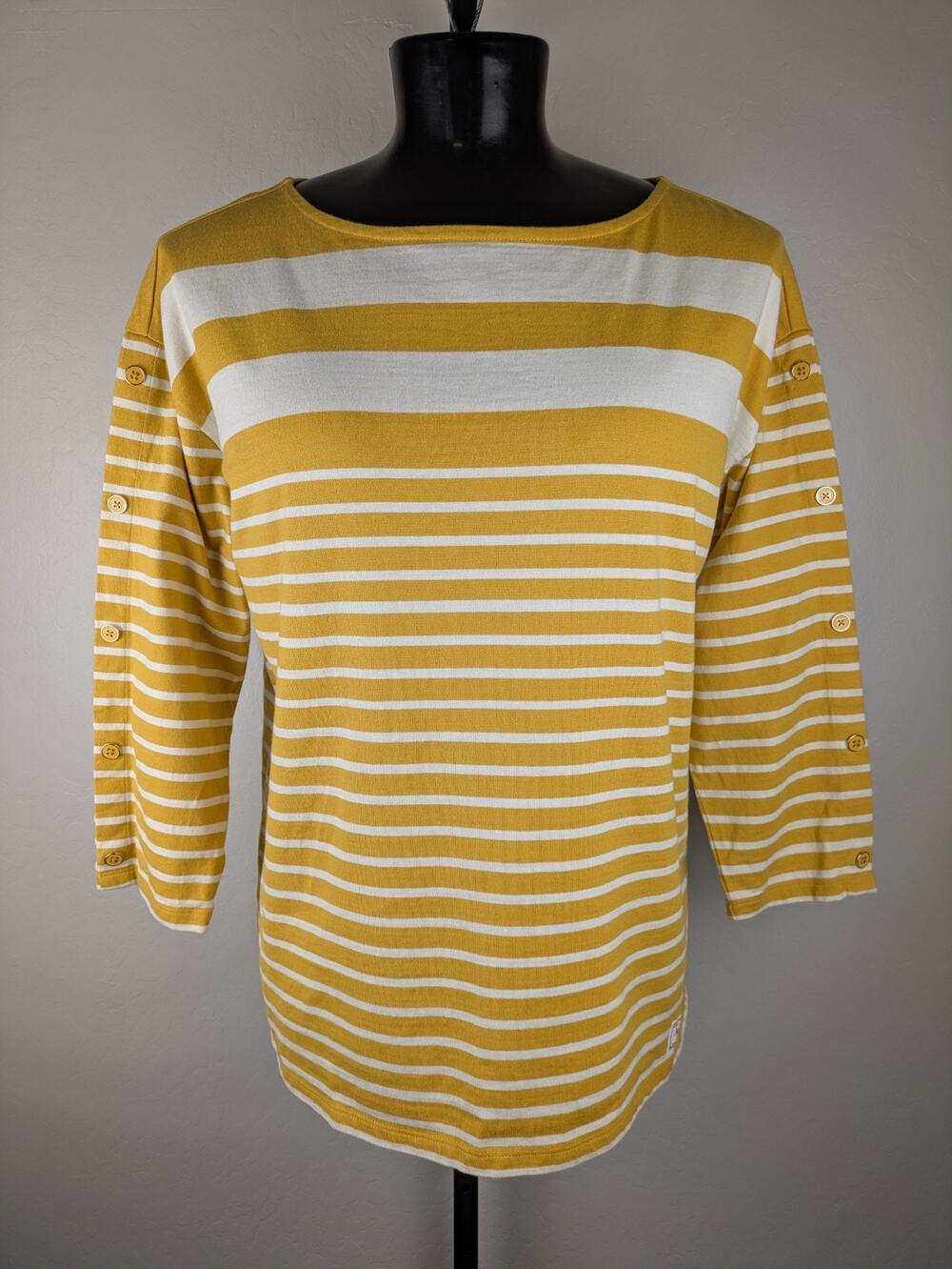 Talbots Striped Mustard Yellow Cotton Boat Neck Knit Top Button Sleeve